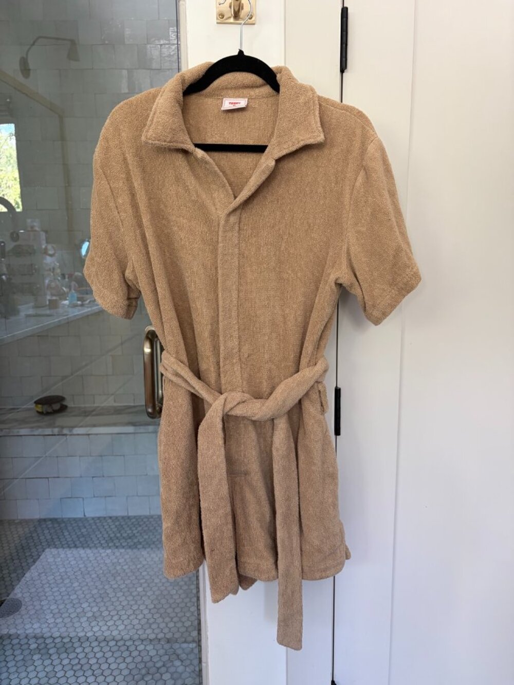 TERRY Towelling Terry Cloth Romper Belted Playsuit Size S Tan